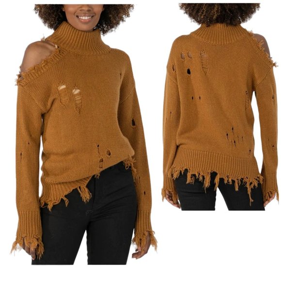 Kut From The Kloth‎ Womens Camel Viola Destructed Turtleneck Sweater Size XS - Picture 2 of 10